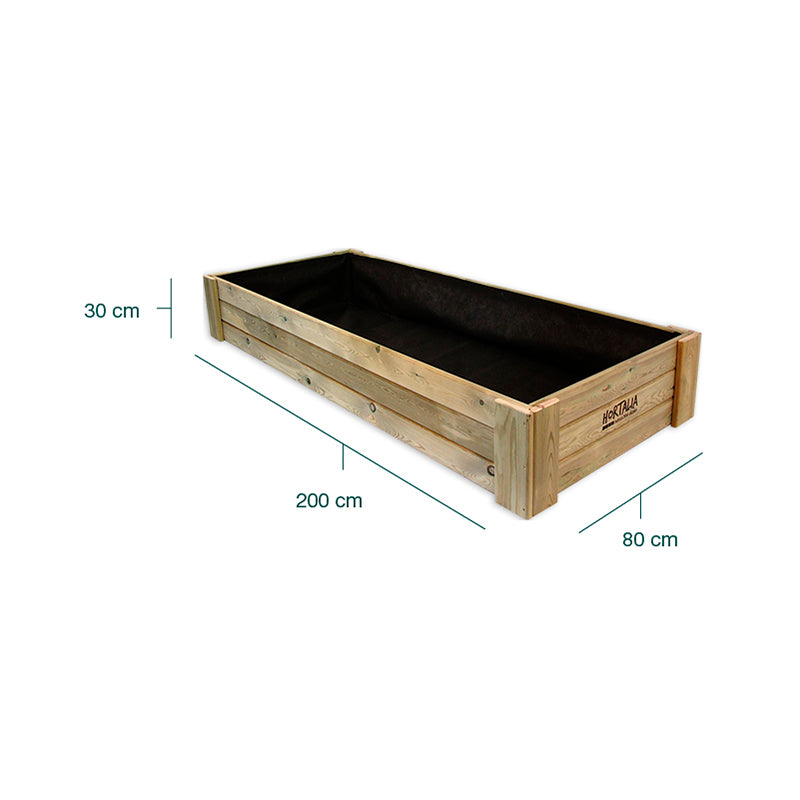 Cajón de cultivo Box XXL30, dimensiones 200 cm x 80 cm x 30 cm, ideal para huertos urbanos y jardinería.