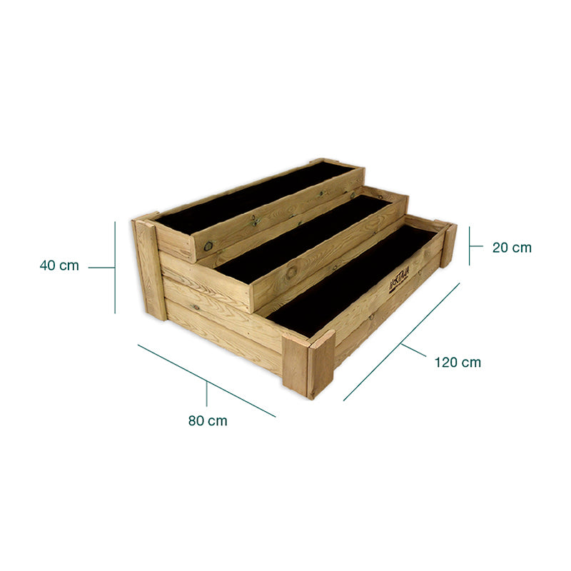 Cajón de cultivo Box Stairs 120, ideal para huertos urbanos, con 120 cm de longitud y 210 L de capacidad.