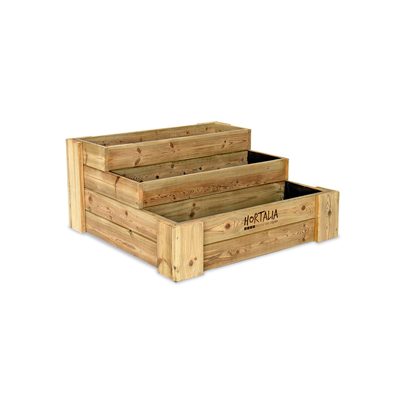Cajón de cultivo Box Stairs 80, dimensiones 80 cm x 80 cm x 40 cm, ideal para huertos urbanos. Capacidad de 210 litros.