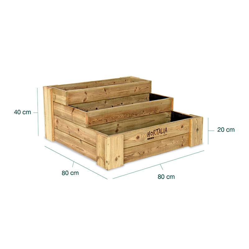 Cajón de cultivo Box Stairs 80, ideal para huertos urbanos, con capacidad de 210 L y dimensiones de 80x80x40 cm.