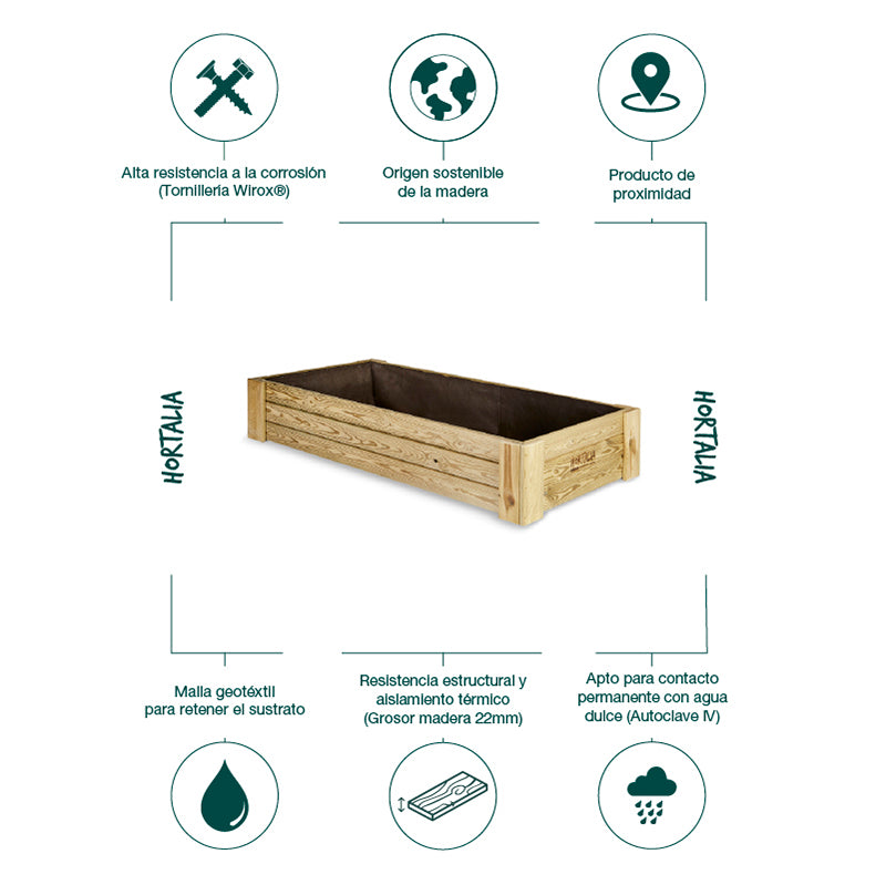 Cajón de cultivo Box XL30, ideal para huertos urbanos, con dimensiones de 160 cm de largo, 80 cm de ancho y 30 cm de alto.