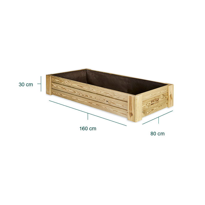 Cajón de cultivo Box XL30, dimensiones 160 cm x 80 cm x 30 cm, capacidad de 390 litros, ideal para huertos urbanos.