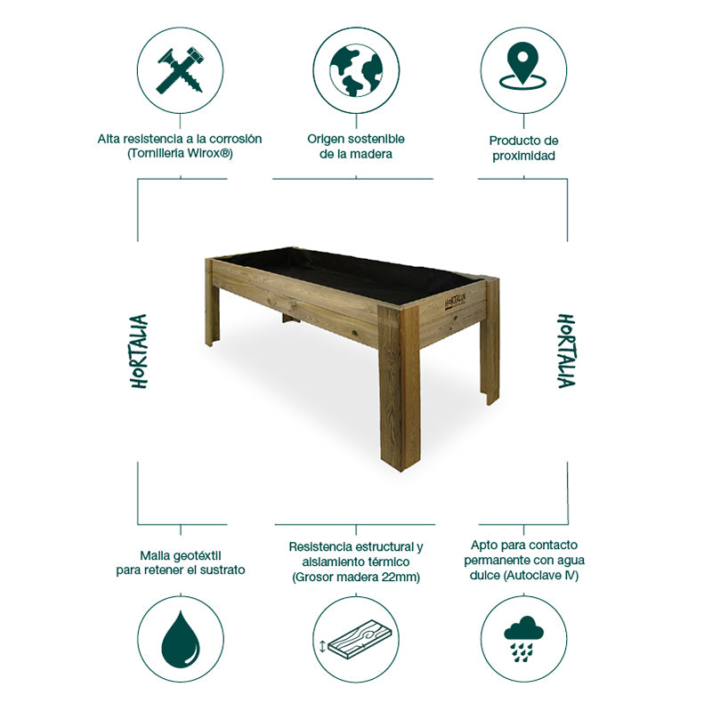 Mesa de cultivo Gardenbrico XL80, ideal para huertos urbanos, con dimensiones de 160 cm de largo y 80 cm de alto.