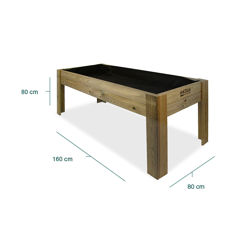 Mesa de cultivo Gardenbrico XL80, ideal para huertos urbanos, con dimensiones de 160 cm de longitud y 80 cm de altura.