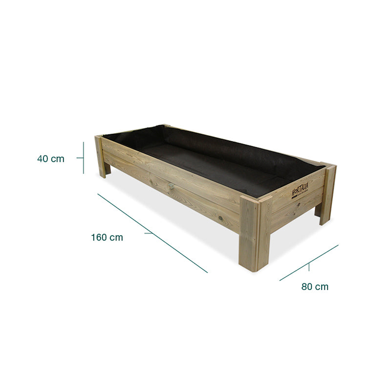 Mesa de cultivo Gardenbrico XL40, ideal para huertos urbanos, con dimensiones de 160 cm de largo y 40 cm de alto.