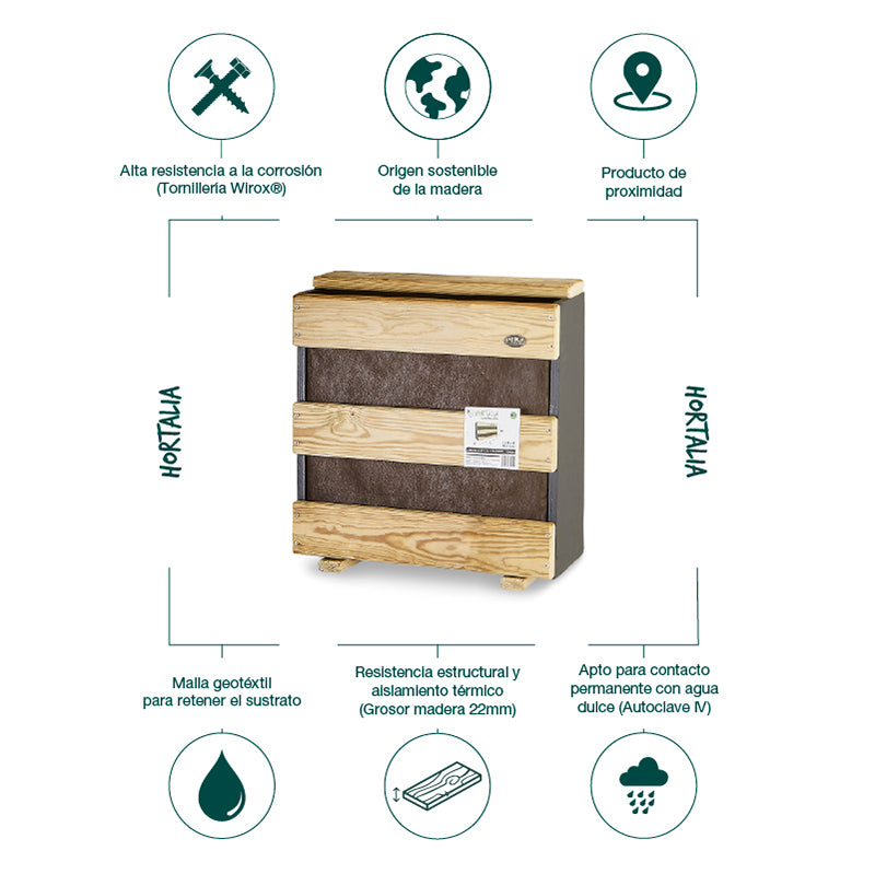 Jardín vertical S, jardinera vertical de 40 cm de longitud y 50 cm de altura, ideal para espacios reducidos.