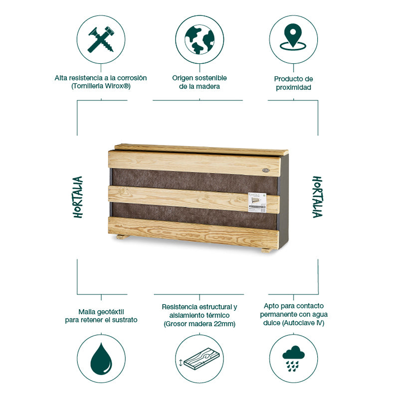 Jardín vertical L de 120 cm de longitud, diseñado para cultivo vertical de plantas en espacios reducidos.