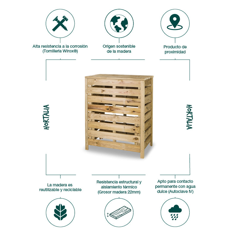 Compostador semi-montado de 315 L, ideal para huertos urbanos, con dimensiones de 100 cm de altura, 50 cm de ancho y 80 cm