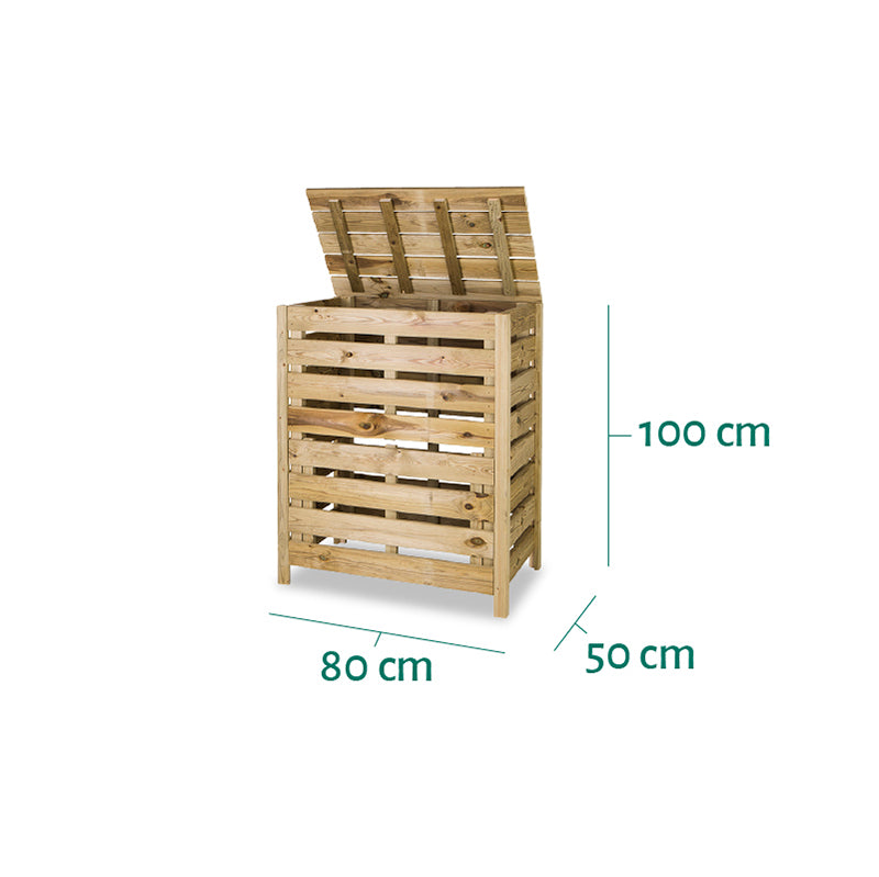 Compostador semi-montado de 315 L, ideal para huertos urbanos, con dimensiones de 100 cm de altura, 50 cm de ancho y 80 cm