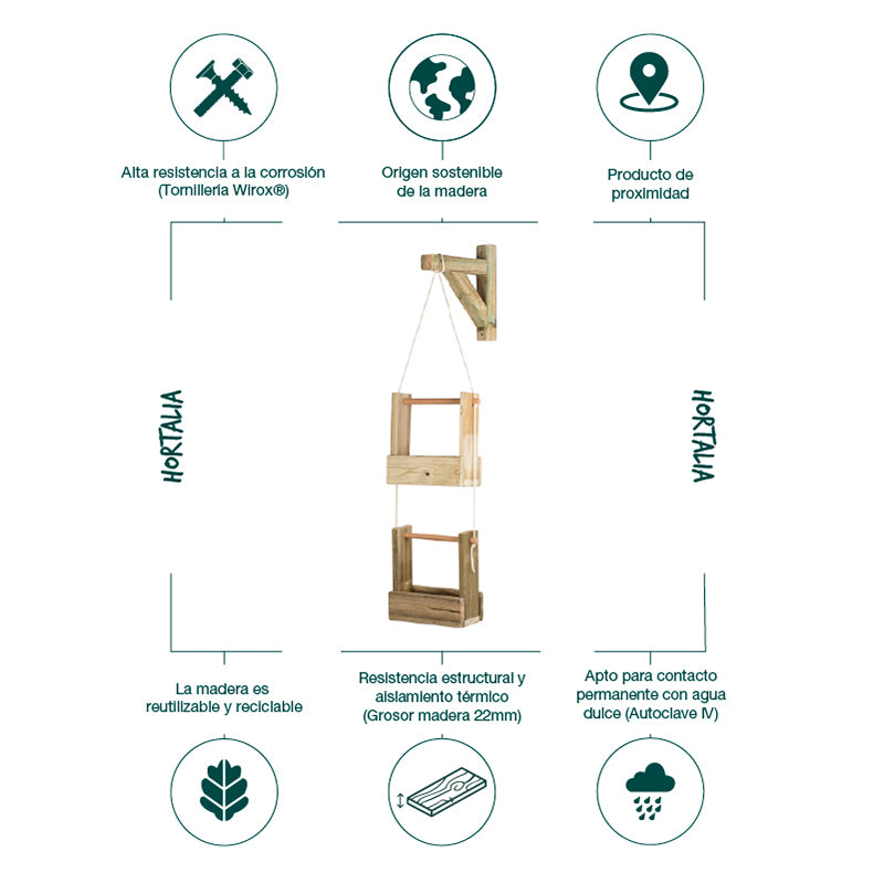 Jardinera colgante Woody 2B de 110 cm de altura y 2.4 L de capacidad, ideal para cultivo vertical.