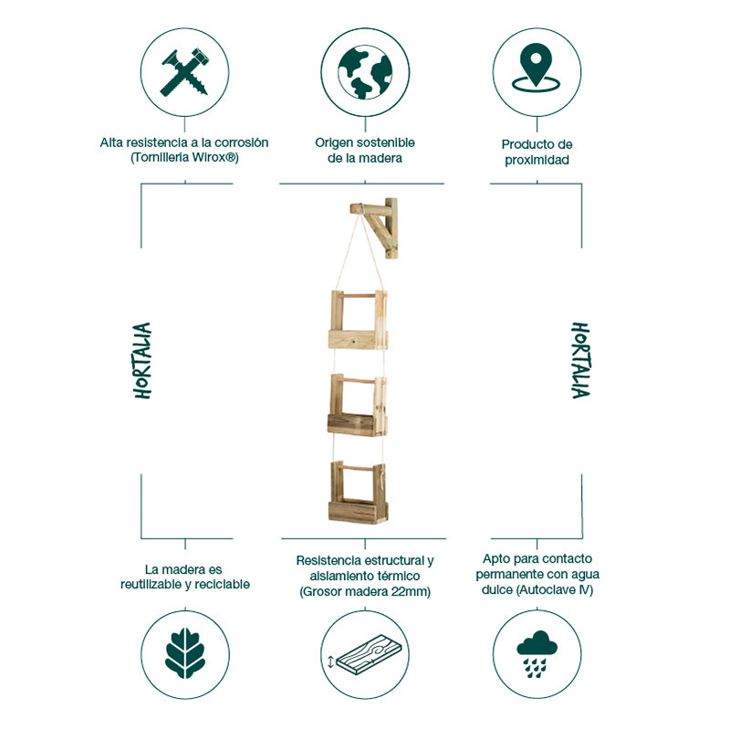 Jardinera colgante Woody de 152 cm de altura, ideal para cultivo vertical de plantas. Capacidad de 3.6 litros.