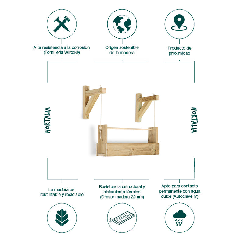 Jardinera colgante Big Woody 1B, diseñada para cultivo vertical con capacidad de 7 litros. Dimensiones: 28.2 cm ancho, 67.8
