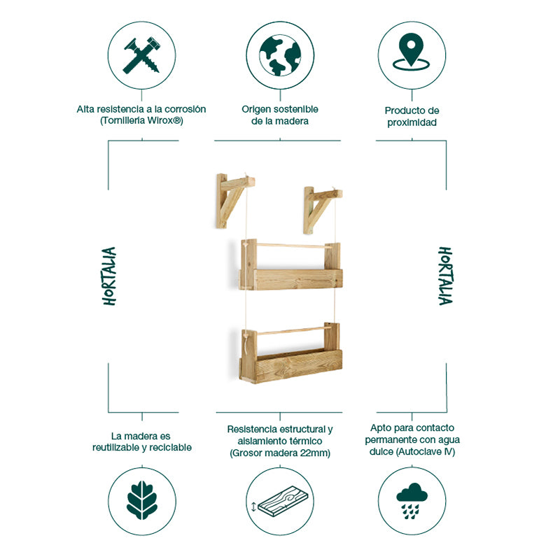 Jardinera colgante Big Woody 2B, diseñada para cultivo vertical, con capacidad de 14 litros y dimensiones específicas.
