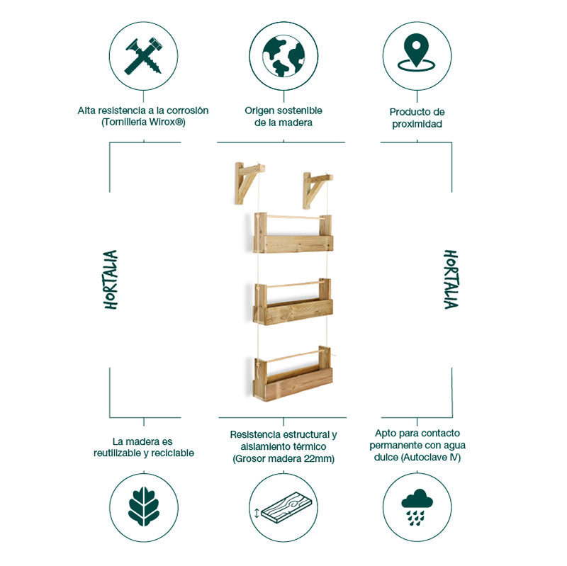 Jardinera colgante Big Woody 3B, diseñada para cultivo vertical con capacidad de 21 litros y dimensiones de 168 cm de altura.