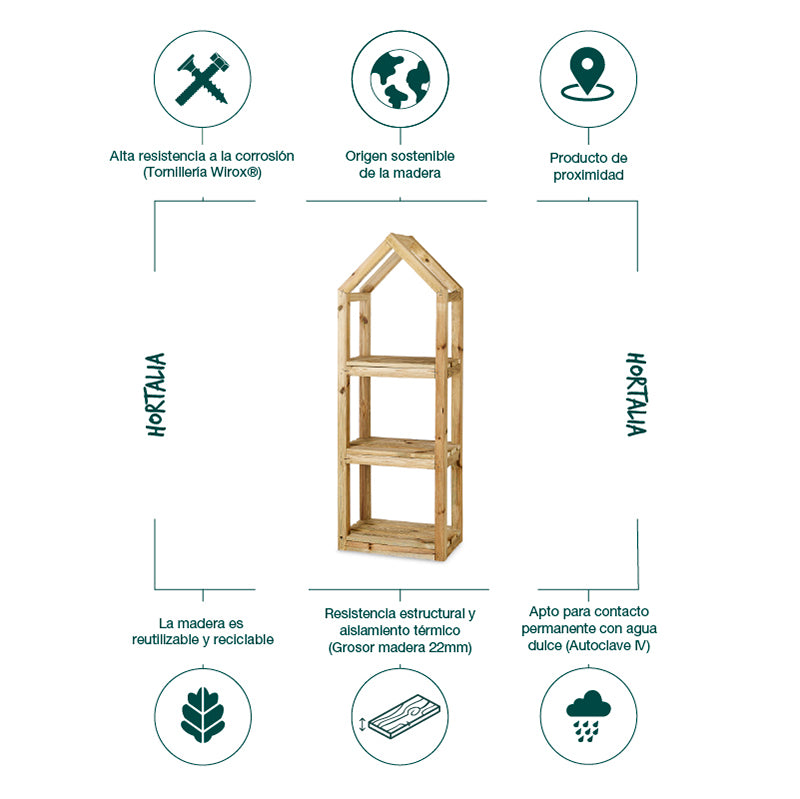 Estantería de madera Campanile Outdoor M, ideal para decoración y almacenamiento en exteriores. Dimensiones: 145x30x50 cm.