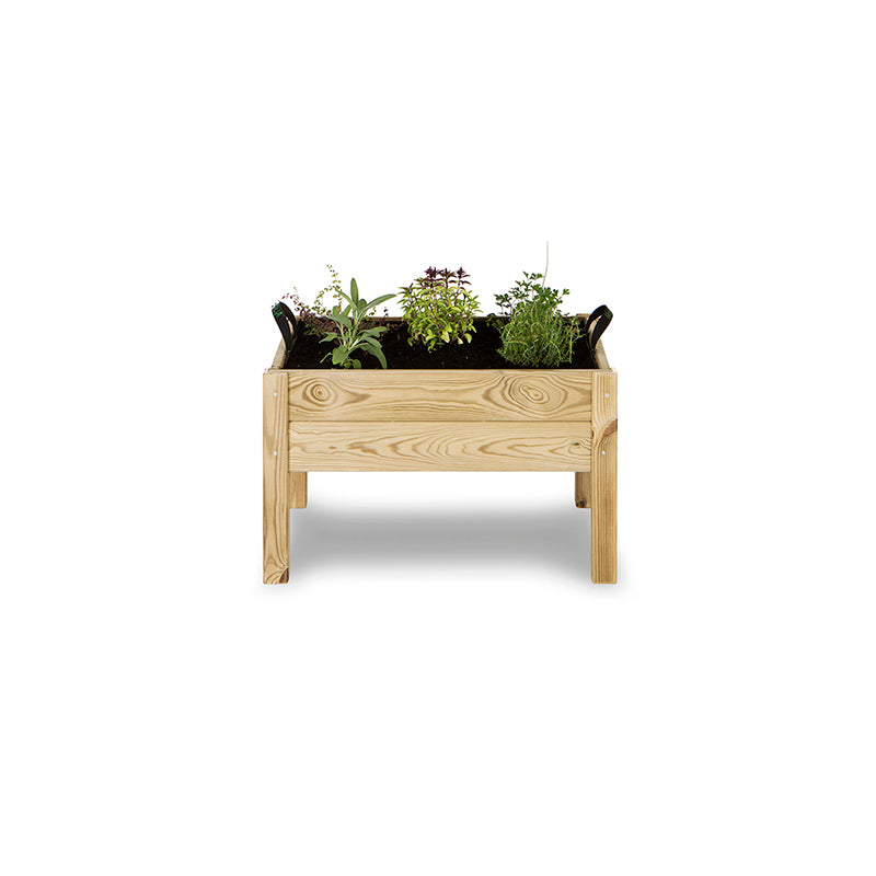 Mesa de cultivo de madera semi-montada, ideal para huertos urbanos, con dimensiones de 60 cm de longitud y 40 cm de ancho.