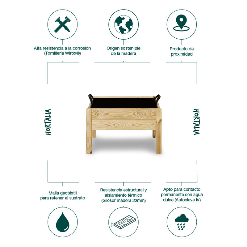 Mesa de cultivo de madera Kit Leo, ideal para huertos urbanos, con dimensiones de 60 cm de longitud y 50 cm de altura.