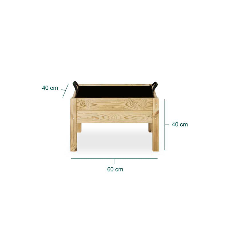 Mesa de cultivo de madera Kit Leo, ideal para huertos urbanos, con dimensiones de 60 cm de longitud y 50 cm de altura.