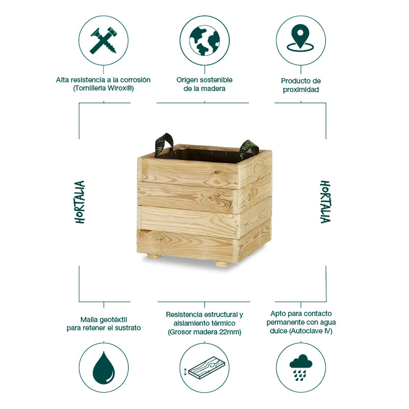 Jardinera cuadrada Pun de 35x35x40 cm, ideal para el cultivo de plantas y flores en espacios exteriores.