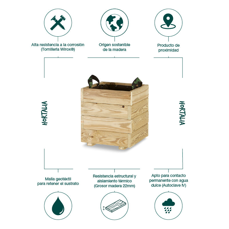 Jardinera cuadrada Pun de 40x40x40 cm, ideal para cultivar plantas y flores en espacios exteriores.