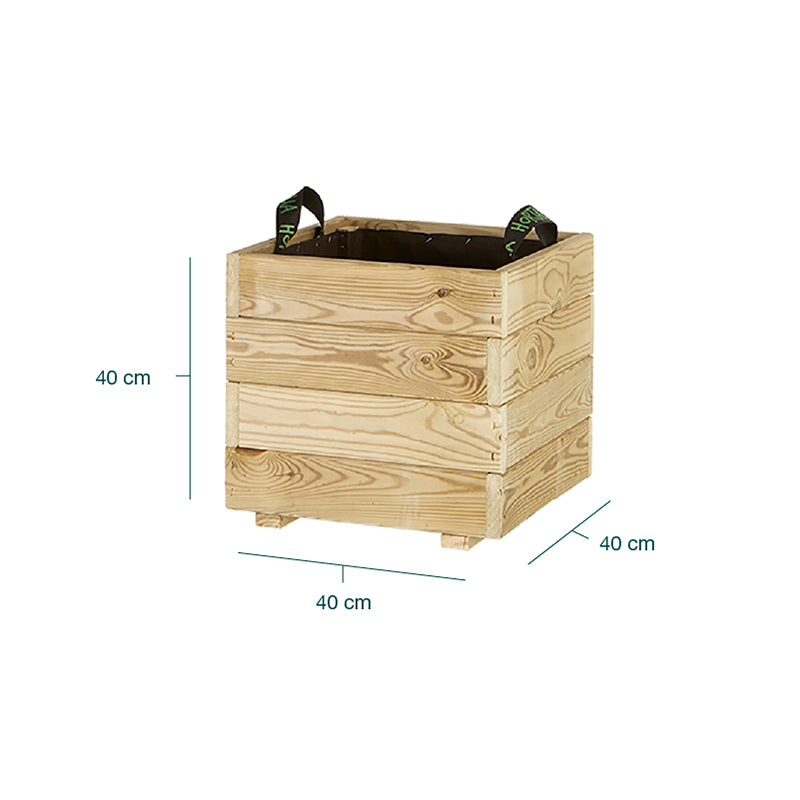 Jardinera cuadrada Pun de 40 cm, ideal para cultivar plantas y flores en espacios reducidos. Capacidad de 45 litros.