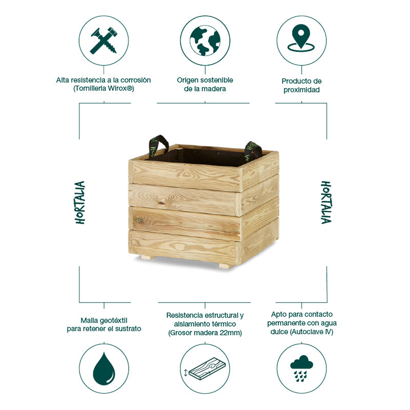 Jardinera cuadrada Pun de 45x45x40 cm, ideal para cultivar plantas y flores en espacios exteriores.