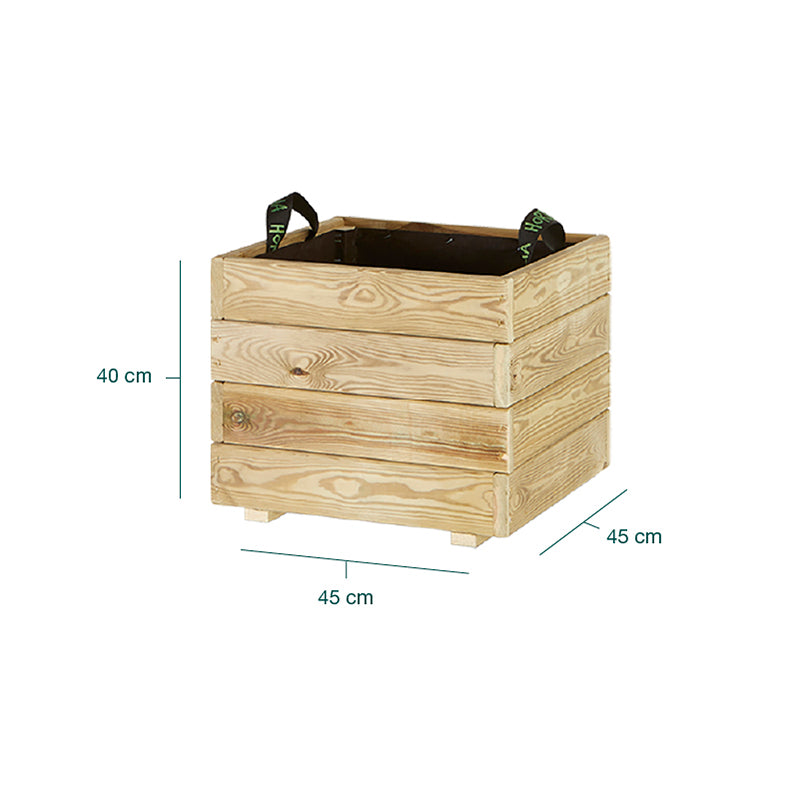 Jardinera cuadrada Pun de 45x45x40 cm, ideal para cultivar plantas y flores en espacios exteriores.