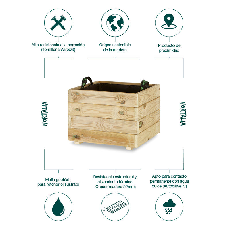 Jardinera cuadrada Pun de 50x50x40 cm, diseñada para el cultivo de plantas con capacidad de 75 litros.