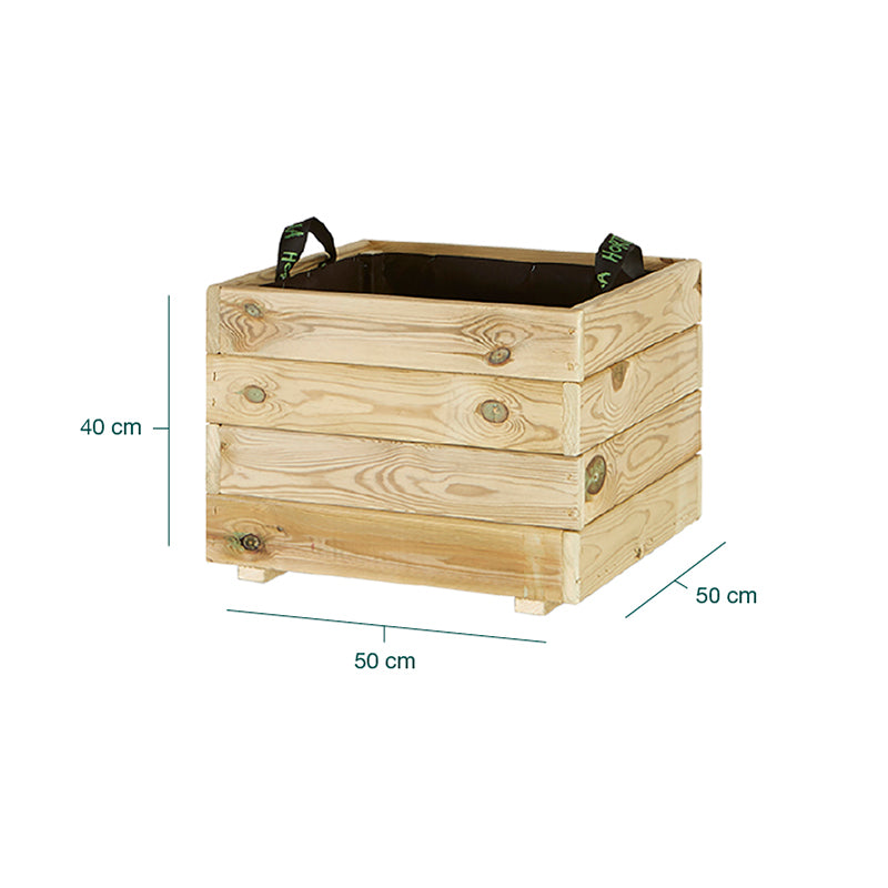 Jardinera cuadrada Pun de 50x50x40 cm, ideal para cultivar plantas y flores en espacios exteriores.