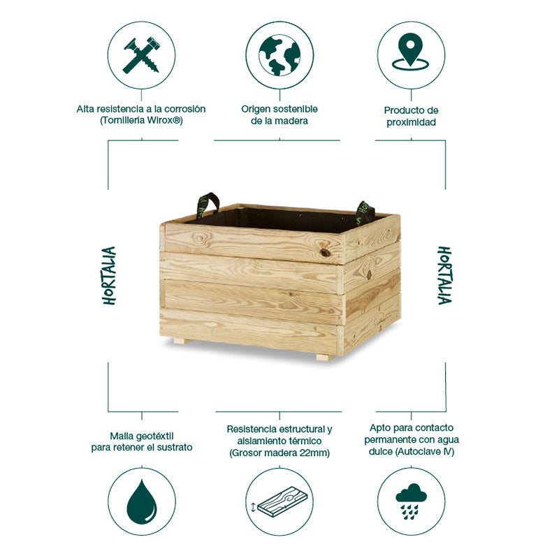 Jardinera cuadrada Pun de 60x60x40 cm, ideal para cultivar plantas y flores en espacios exteriores.