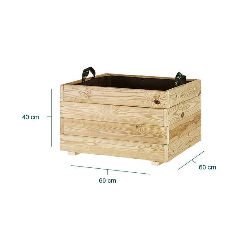 Jardinera cuadrada Pun de 60x60x40 cm, ideal para cultivar plantas y flores en espacios exteriores.