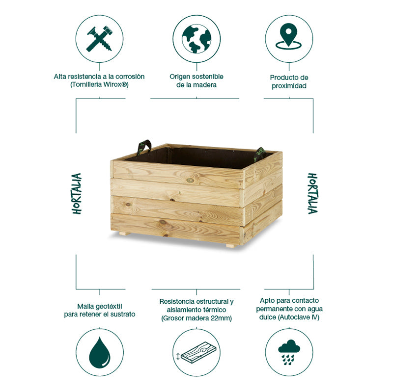 Jardinera cuadrada Pun de 70x70x40 cm, ideal para cultivar plantas y flores en espacios exteriores.