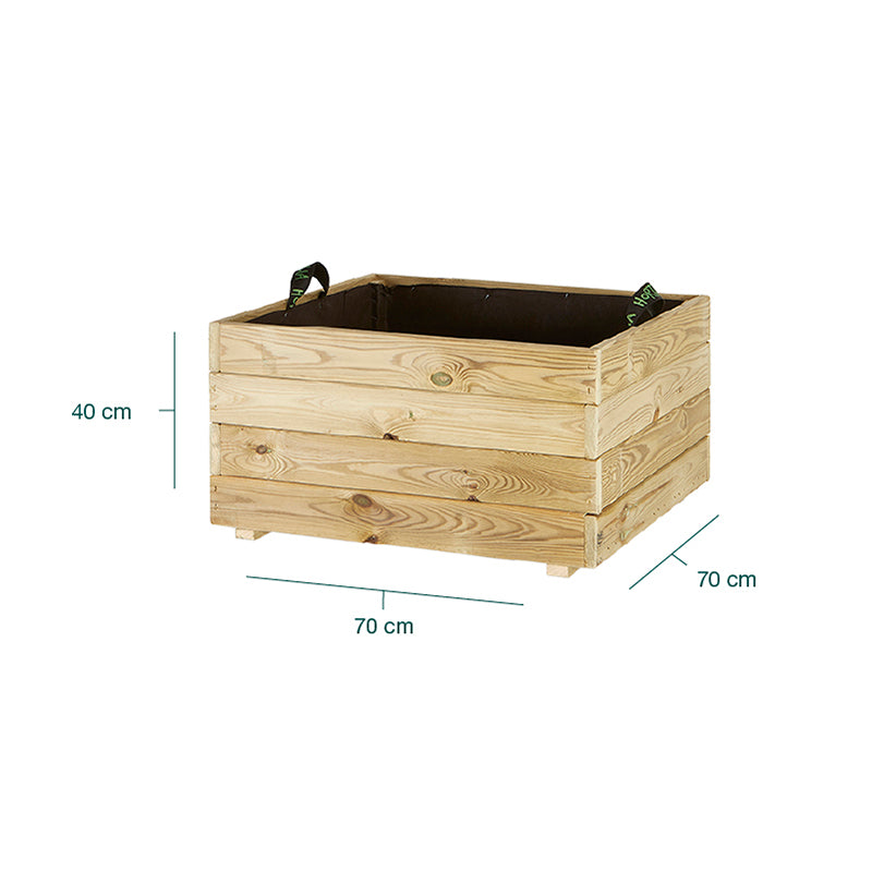 Jardinera cuadrada Pun de 70x70x40 cm, ideal para cultivo de plantas y flores en espacios exteriores.