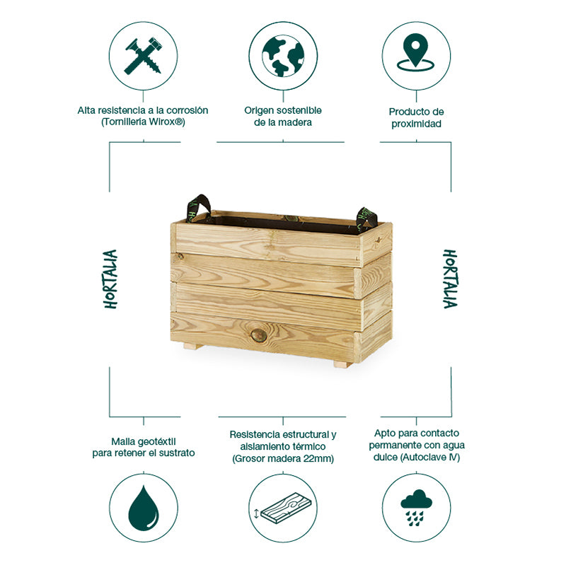 Jardinera rectangular Ghio de 60x30x40 cm, ideal para cultivar plantas y flores en espacios exteriores.