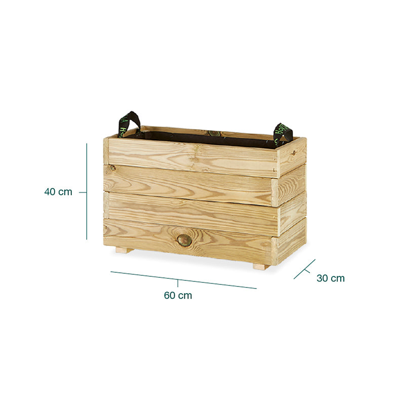 Jardinera rectangular Ghio de 60x30x40 cm, ideal para cultivo de plantas y flores. Capacidad de 50 litros.