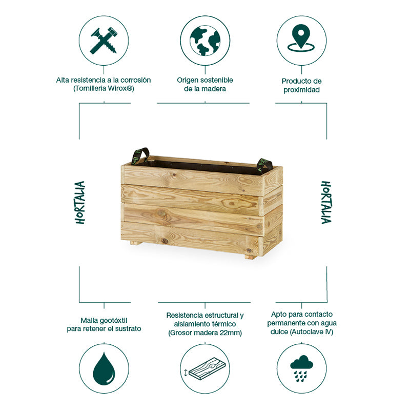 Jardinera rectangular Ghio de 70x30x40 cm, ideal para cultivar plantas y flores en espacios exteriores.