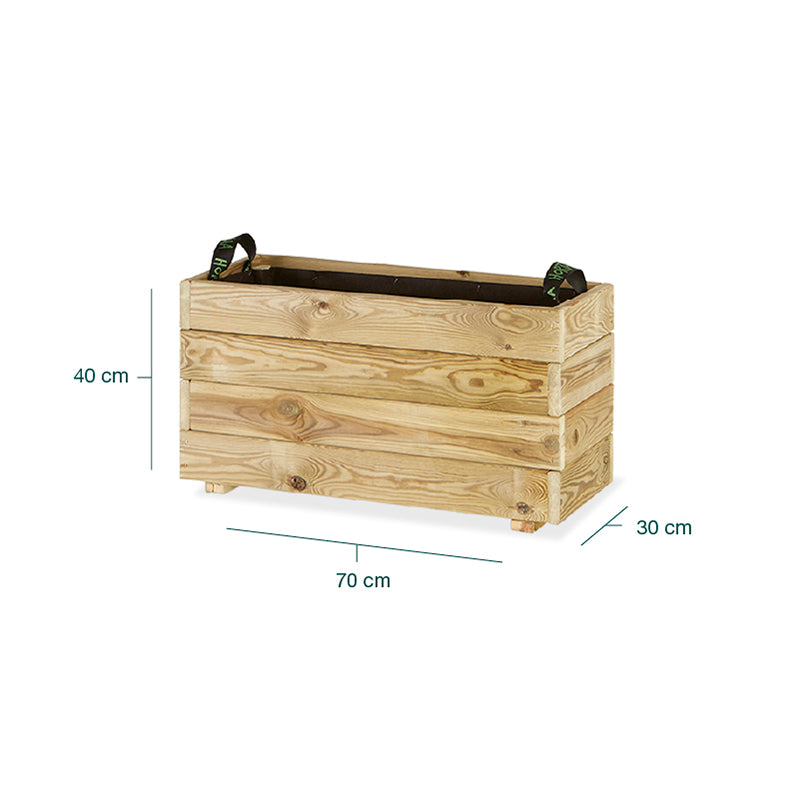 Jardinera rectangular Ghio de 70x30x40 cm, ideal para cultivar plantas y flores en espacios exteriores.