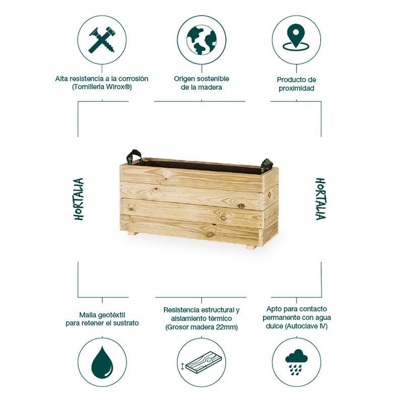 Jardinera rectangular Ghio de 80x30x40 cm, ideal para jardinería y horticultura, con capacidad de 70 litros.