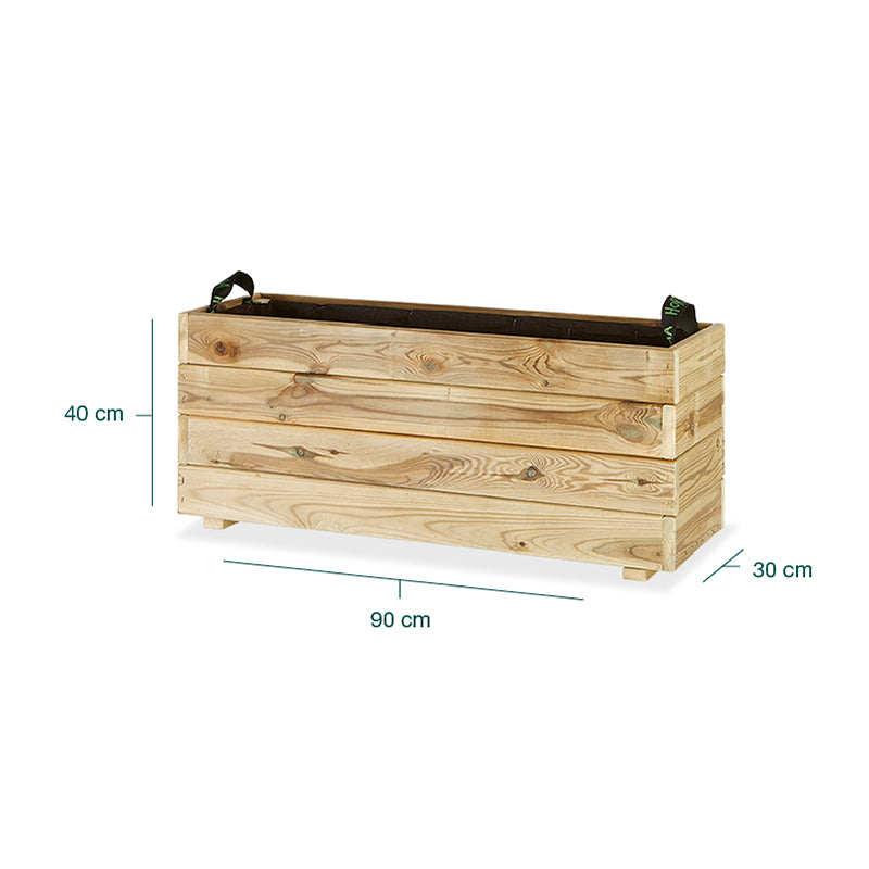 Jardinera rectangular Ghio de 90x30x40 cm, ideal para jardinería y horticultura, con capacidad de 80 litros.