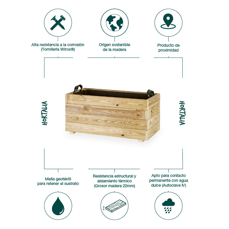 Jardinera rectangular Ghio de 80x40x40 cm, ideal para jardinería y horticultura, con capacidad de 100 litros.