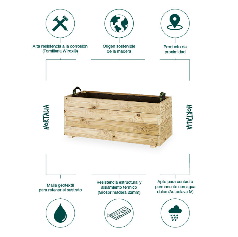 Jardinera rectangular Ghio de 90x40x40 cm, ideal para jardinería y horticultura, con capacidad de 110 litros.