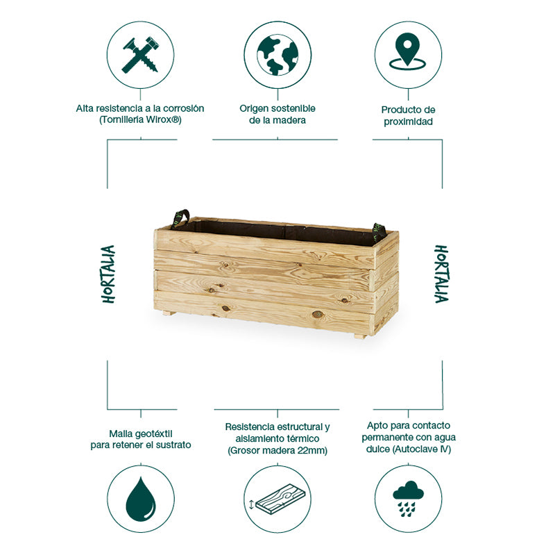 Jardinera rectangular Ghio de 100x40x40 cm, ideal para jardinería con capacidad de 120 litros.