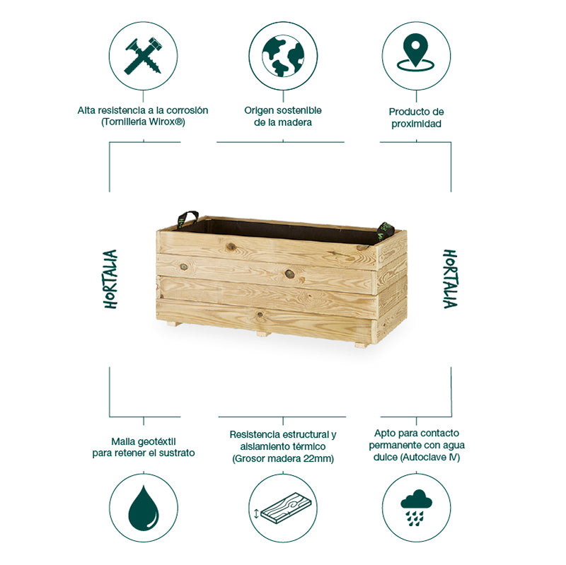 Jardinera rectangular Ghio de 90x45x40 cm, ideal para cultivo y decoración de espacios exteriores.