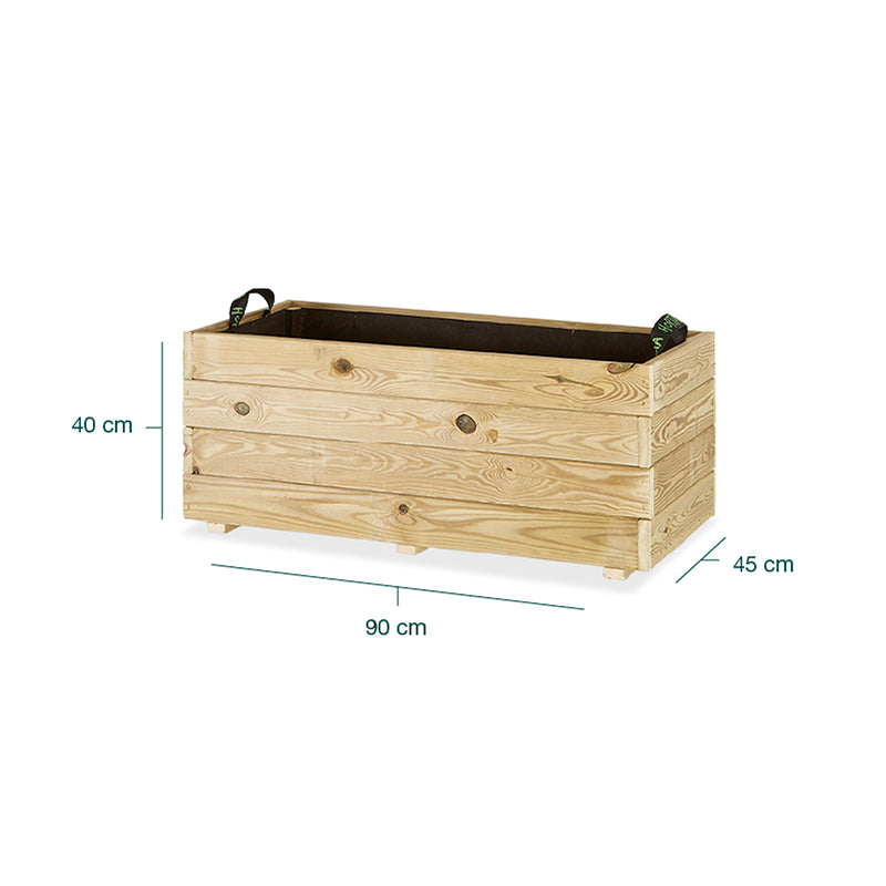 Jardinera rectangular Ghio de 90x45x40 cm, ideal para cultivar plantas y flores en espacios exteriores.