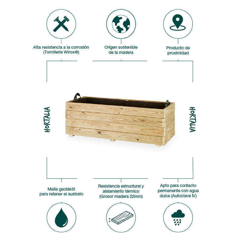 Jardinera rectangular Ghio de 110x45x40 cm, ideal para el cultivo de plantas y flores en espacios exteriores.