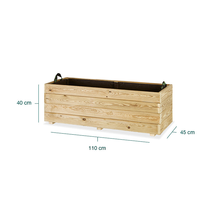 Jardinera rectangular Ghio de 110x45x40 cm, ideal para cultivar plantas y flores en espacios exteriores.