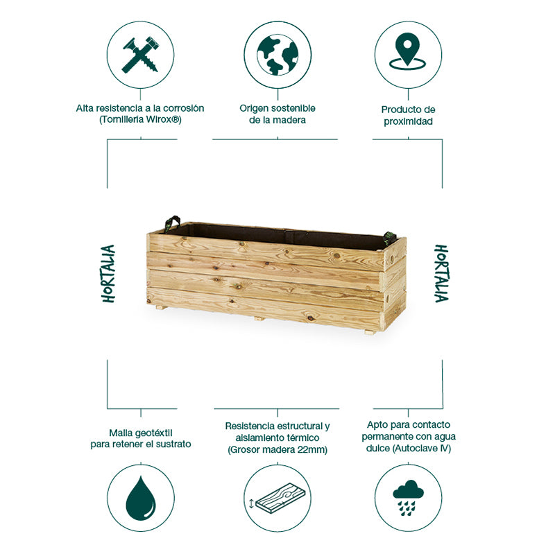 Jardinera rectangular Ghio de 120x45x40 cm, ideal para jardinería y horticultura, con capacidad de 170 litros.