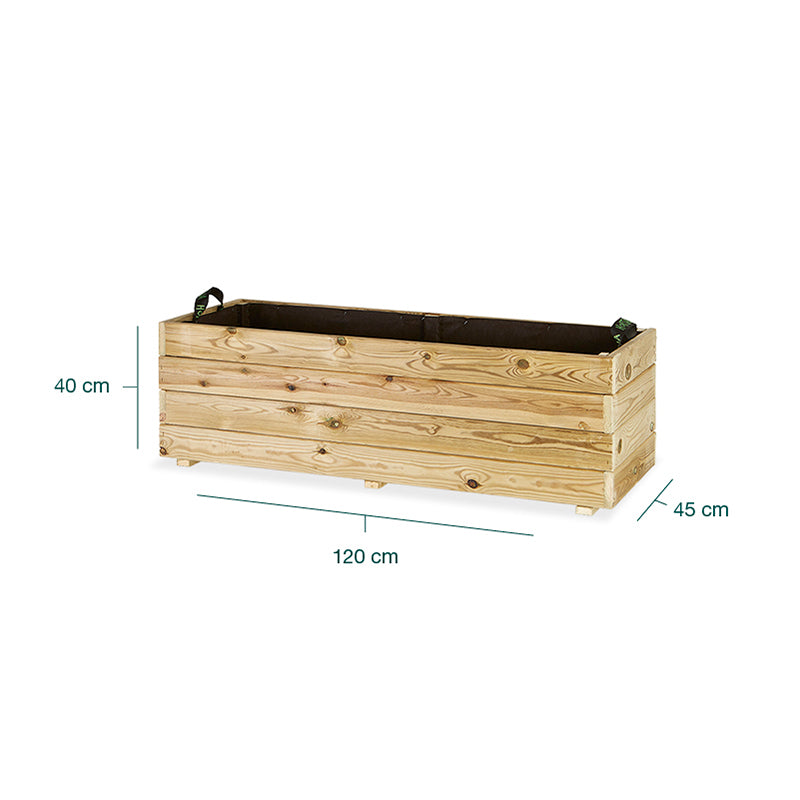 Jardinera rectangular Ghio de 120x45x40 cm, ideal para jardinería y horticultura, con capacidad de 170 litros.