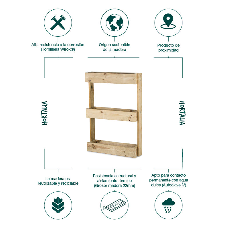 Jardinera vertical Stand Line Wall KD 3B, ideal para cultivo en espacios reducidos, con capacidad de 21 litros.