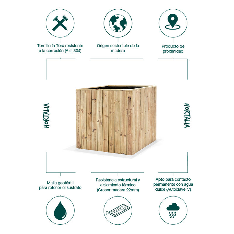 Jardinera cuadrada de madera Atrium, dimensiones 100x100x100 cm, ideal para cultivo en exteriores.